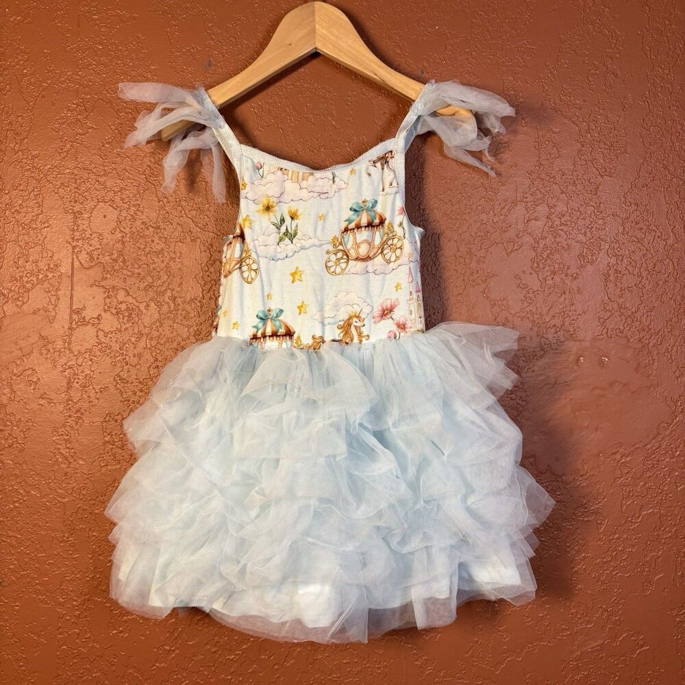 Posh Peanut Dolly Ruffled Tulle Smocked Dress Girls 2T Carriage Blue